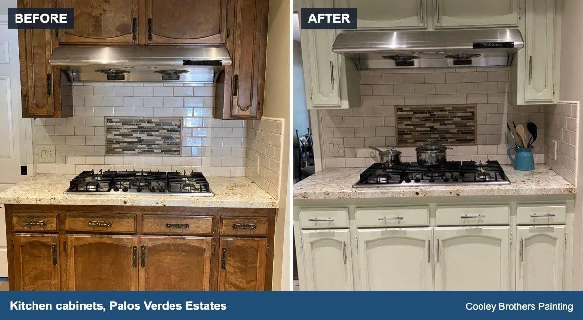 Before and after- another interior project by our crew in Palos Verdes Estates, kitchen cabinets.